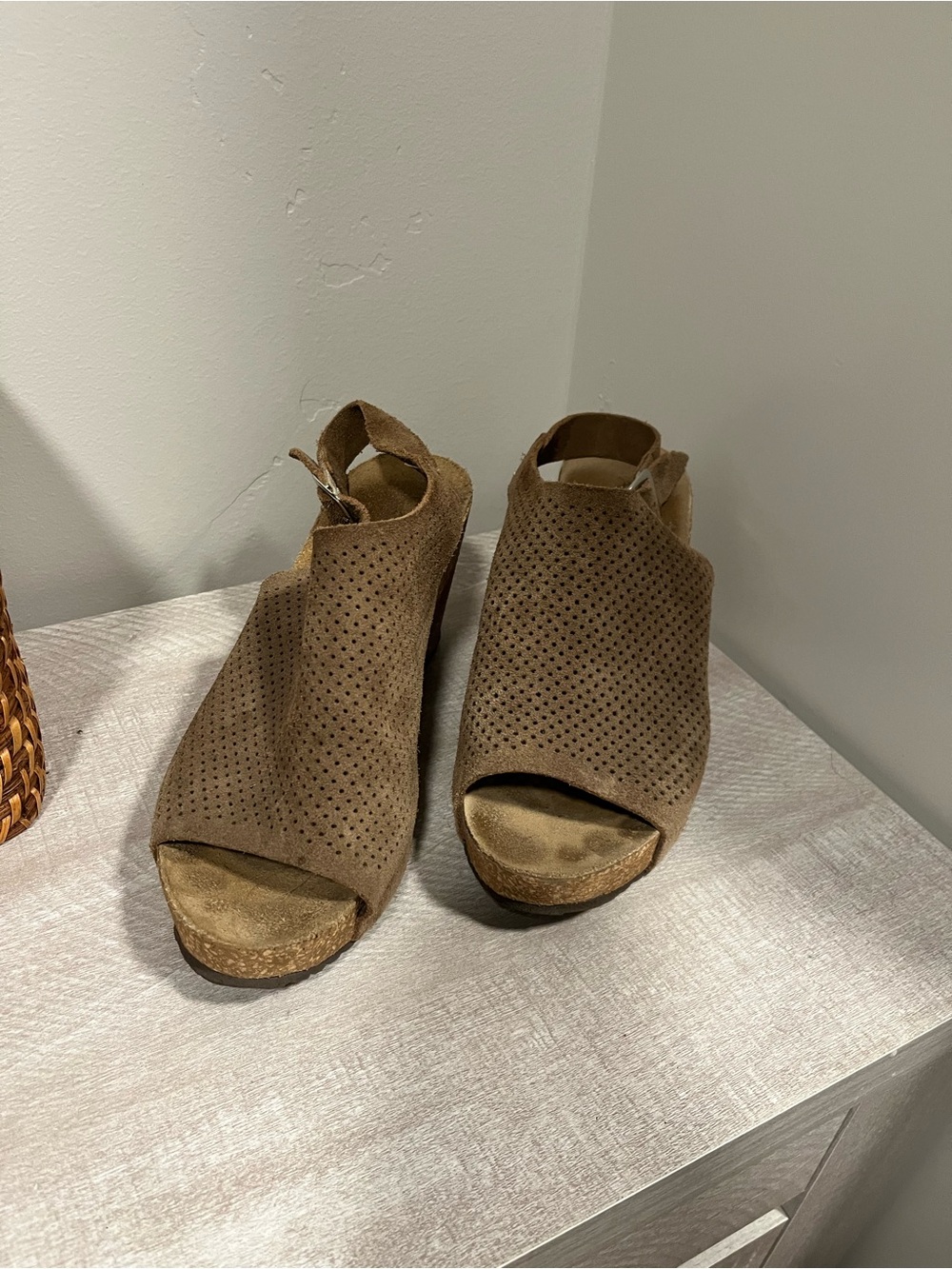 A. Giannetti Taupe Suede Perforated Peep-Toe Wedges